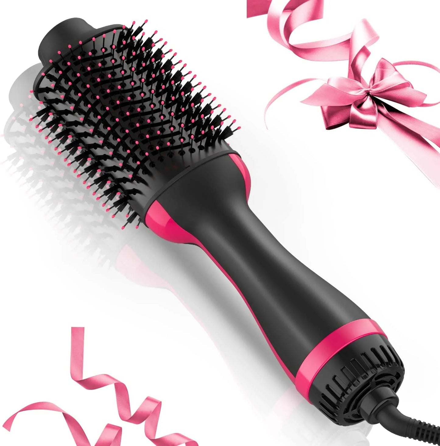 Black and pink hair styling brush with ribbons on a white background