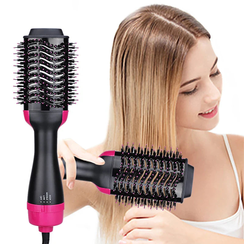 Woman using a black and pink hair styling tool on her hair with a white background