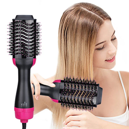 Woman using a black and pink hair styling tool on her hair with a white background
