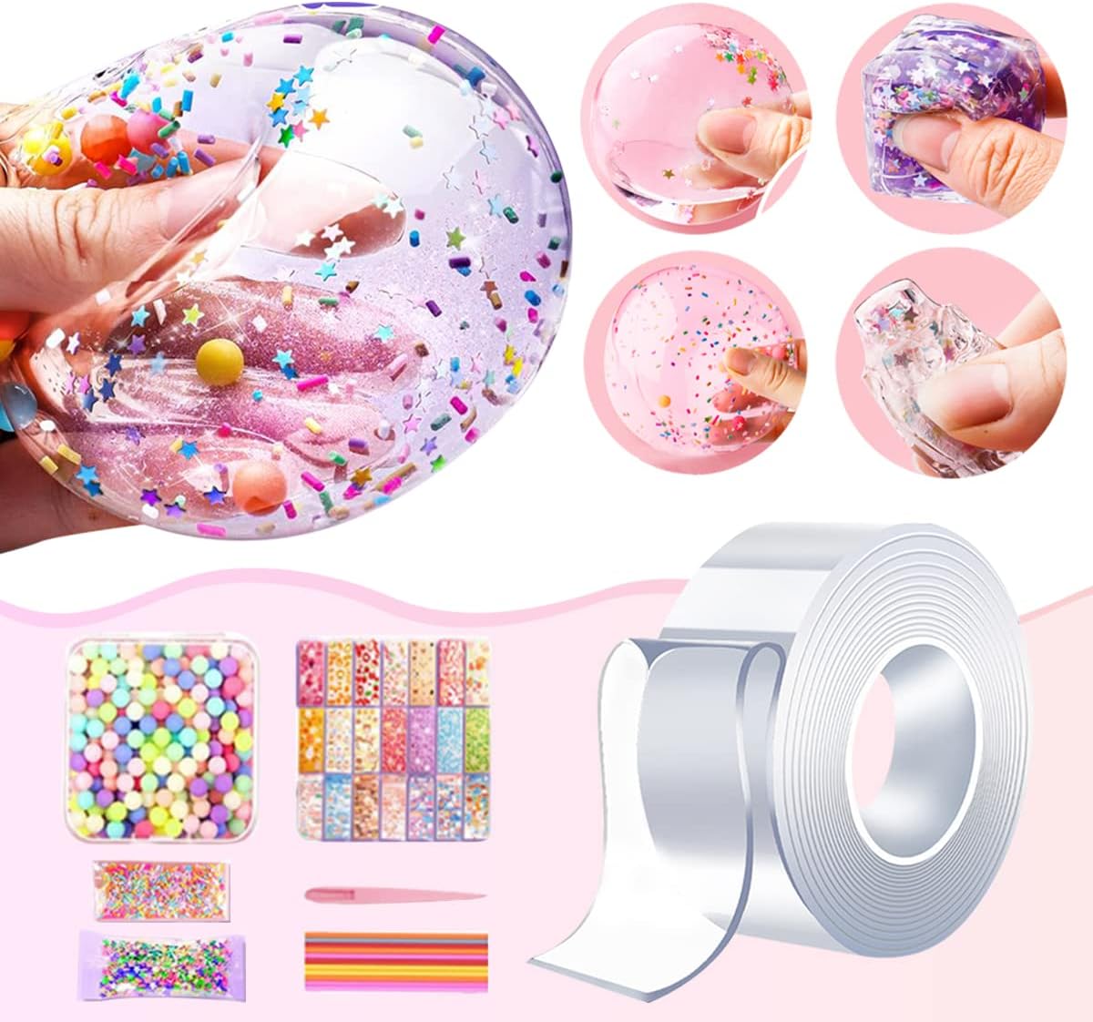Balloon Bubble Tape DIY Kit – Clear Sticky Tape with Glitter, Beads & Decoration Accessories for Crafts & Kids Fun