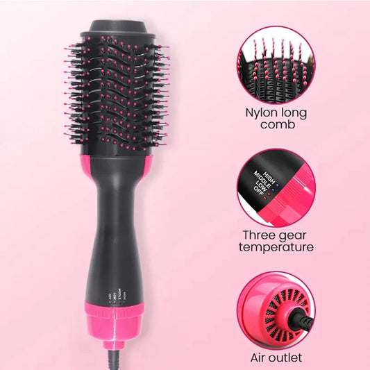 Hair styling tool with black and pink design on a pink background