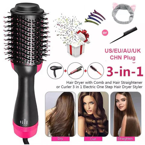 3-in-1 hair styling tool with attachments and usage illustrations on a white background
