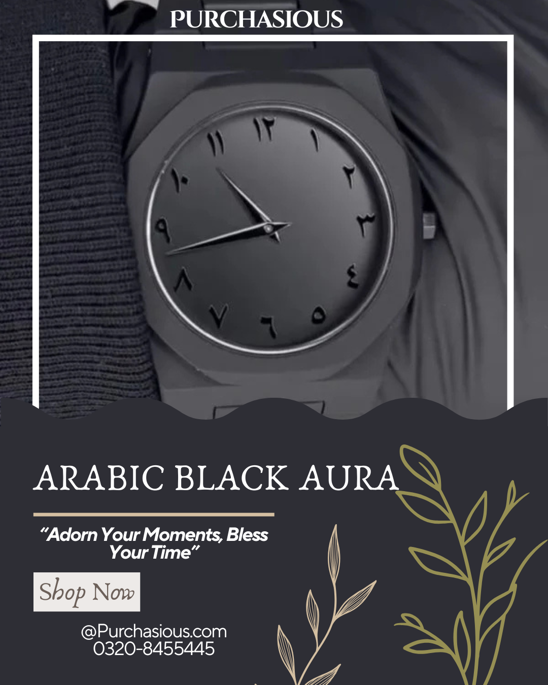 Black watch with Arabic numerals on a dark background, featuring the brand 'Purchasious'.