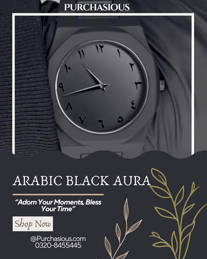 Black watch with Arabic numerals on a dark background, featuring the brand 'Purchasious'.