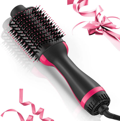 Black and pink hair styling brush with ribbons on a white background